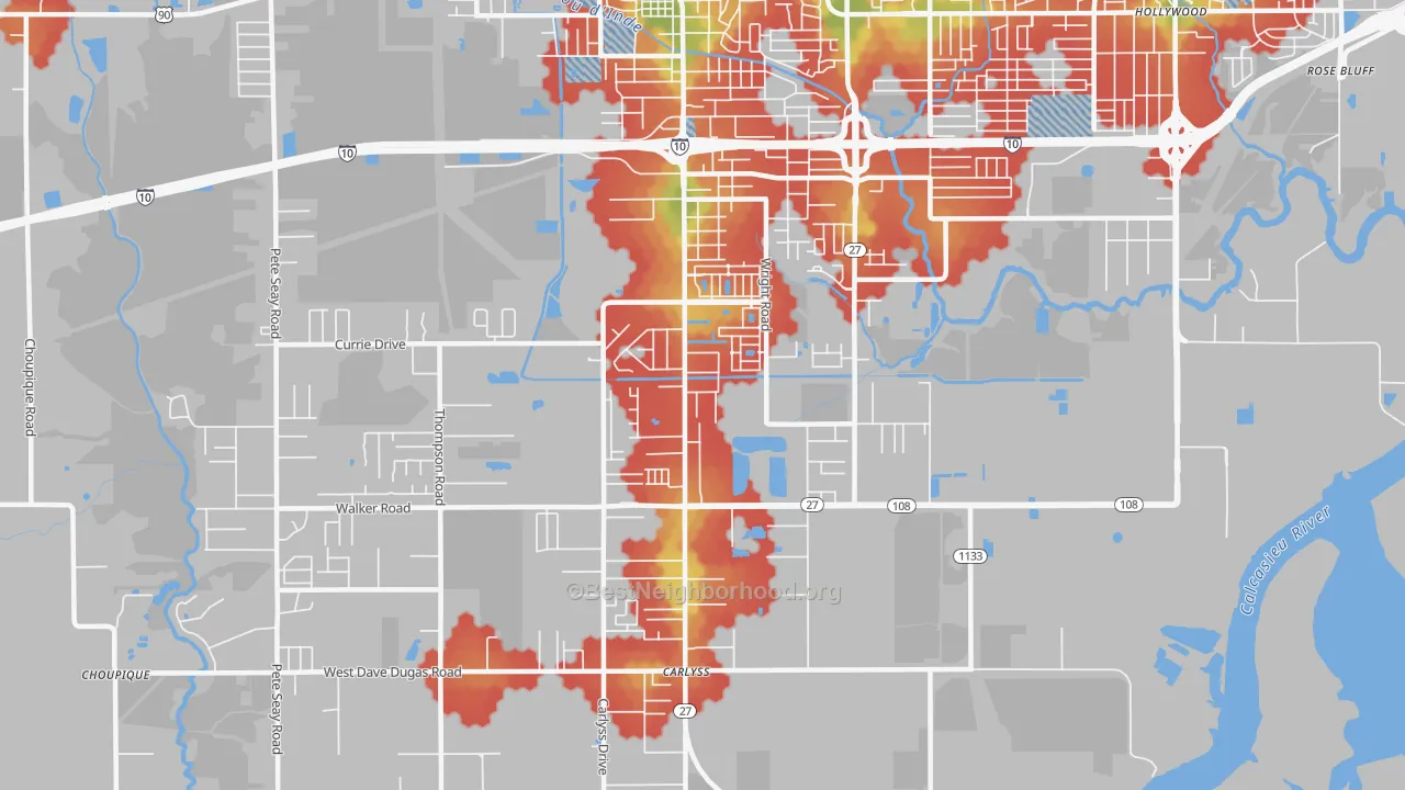 Walk Grade map of Carlyss, LA, walkable areas in green and car-dependent areas in red