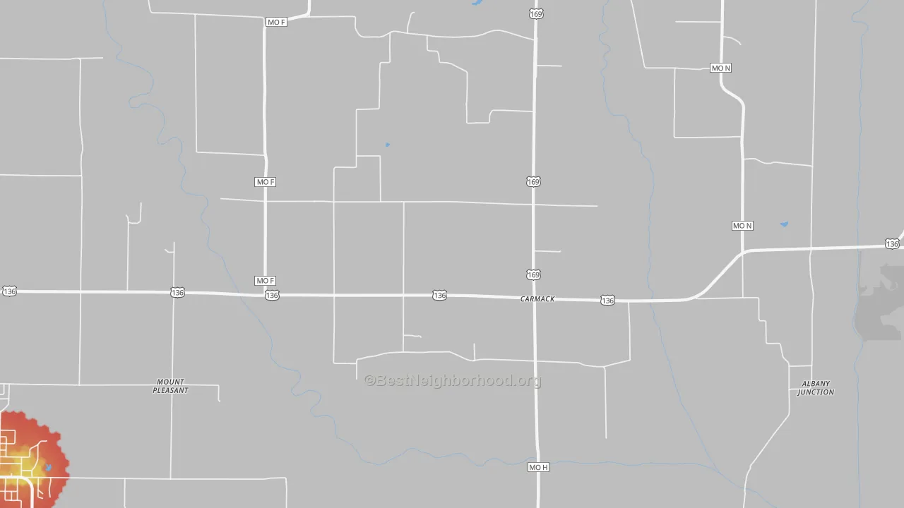 Walk Grade map of Carmack, MO, walkable areas in green and car-dependent areas in red