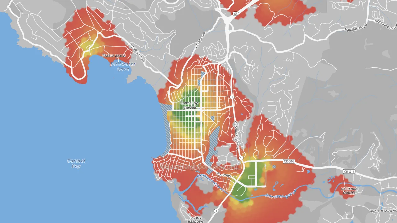 Walk Grade map of Carmel-By-The-Sea, CA, walkable areas in green and car-dependent areas in red