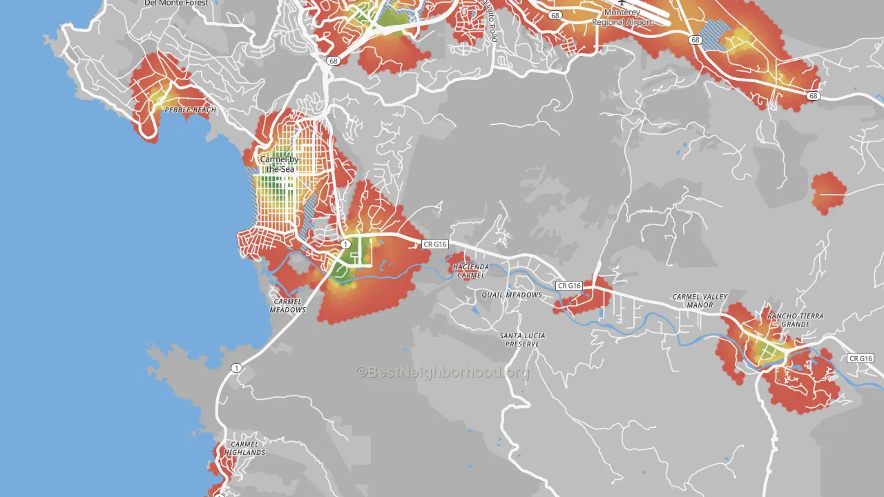 Walk Grade map of Carmel, CA, walkable areas in green and car-dependent areas in red
