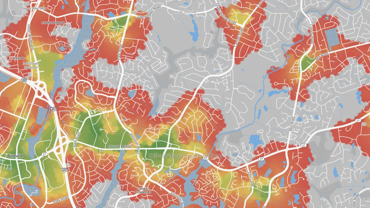 Walk Grade map of Carmel, Charlotte, NC, walkable areas in green and car-dependent areas in red