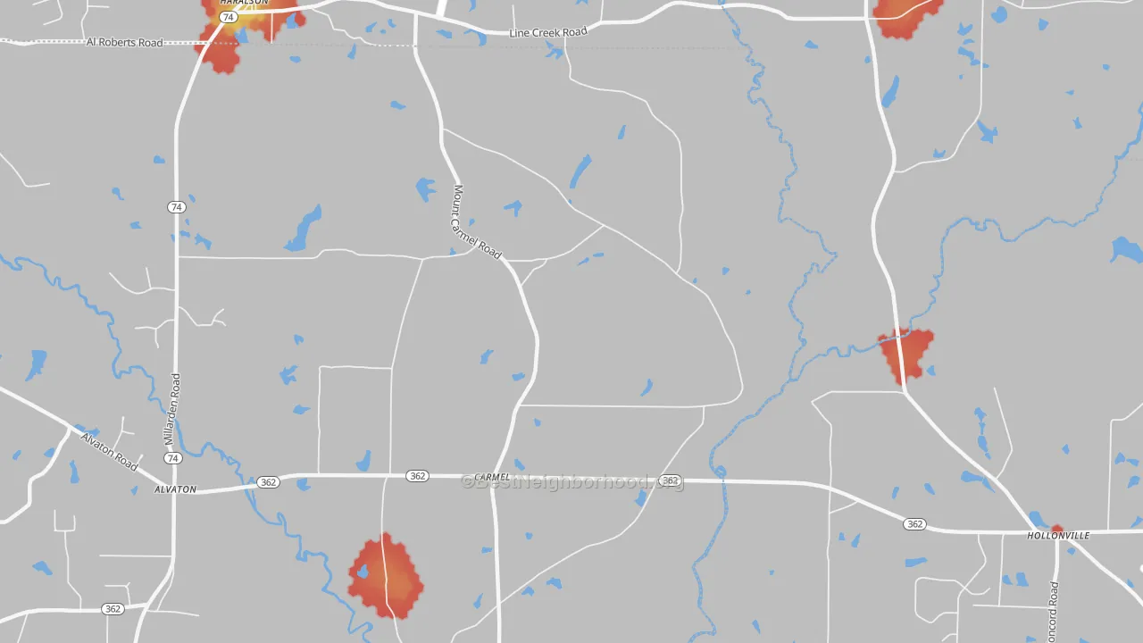 Walk Grade map of Carmel, GA, walkable areas in green and car-dependent areas in red