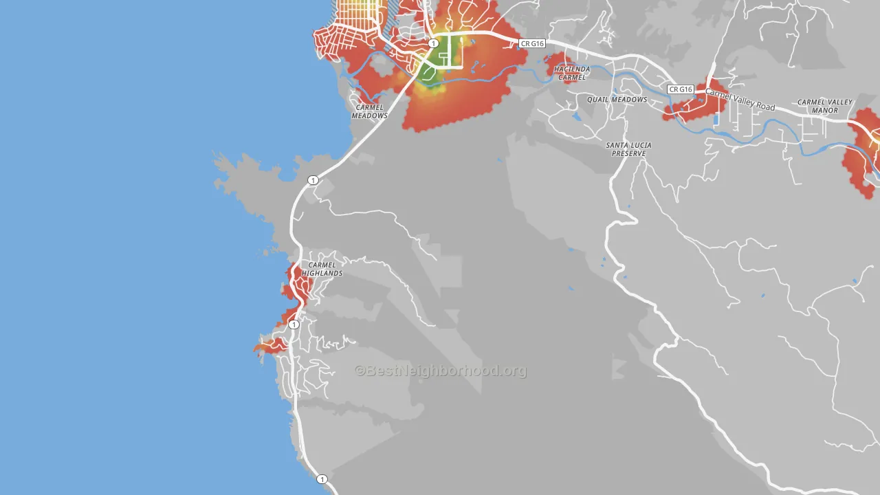 Walk Grade map of Carmel Highlands, CA, walkable areas in green and car-dependent areas in red