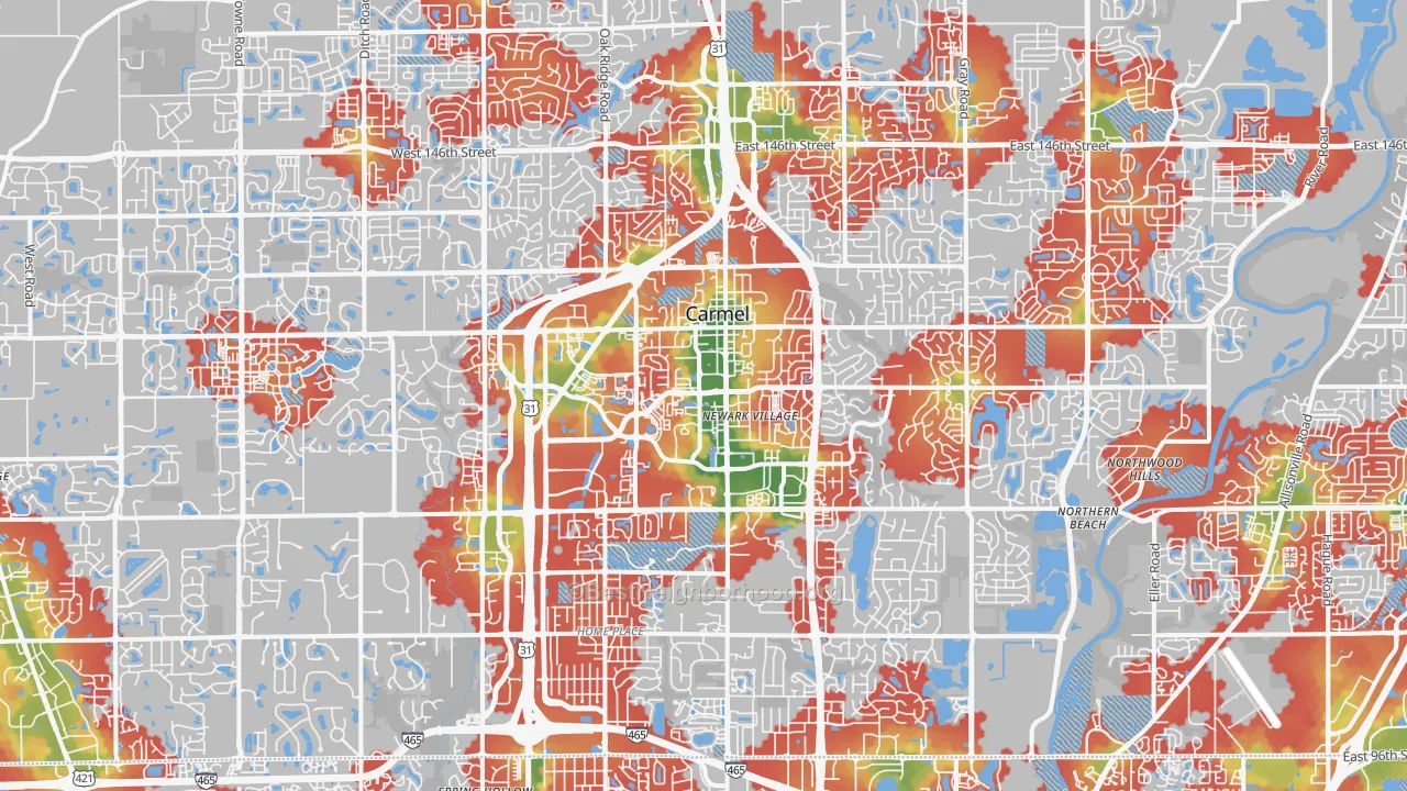 Walk Grade map of Carmel, IN, walkable areas in green and car-dependent areas in red