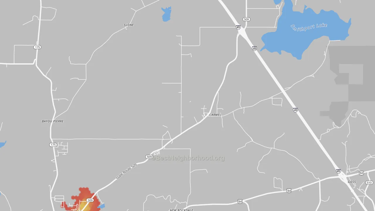 Walk Grade map of Carmel, LA, walkable areas in green and car-dependent areas in red