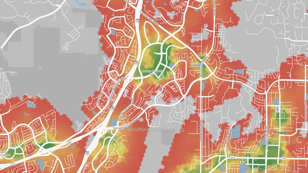 Walk Grade map of Carmel Mountain, San Diego, CA, walkable areas in green and car-dependent areas in red