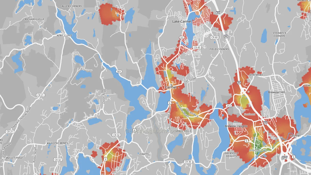 Walk Grade map of Carmel, NY, walkable areas in green and car-dependent areas in red