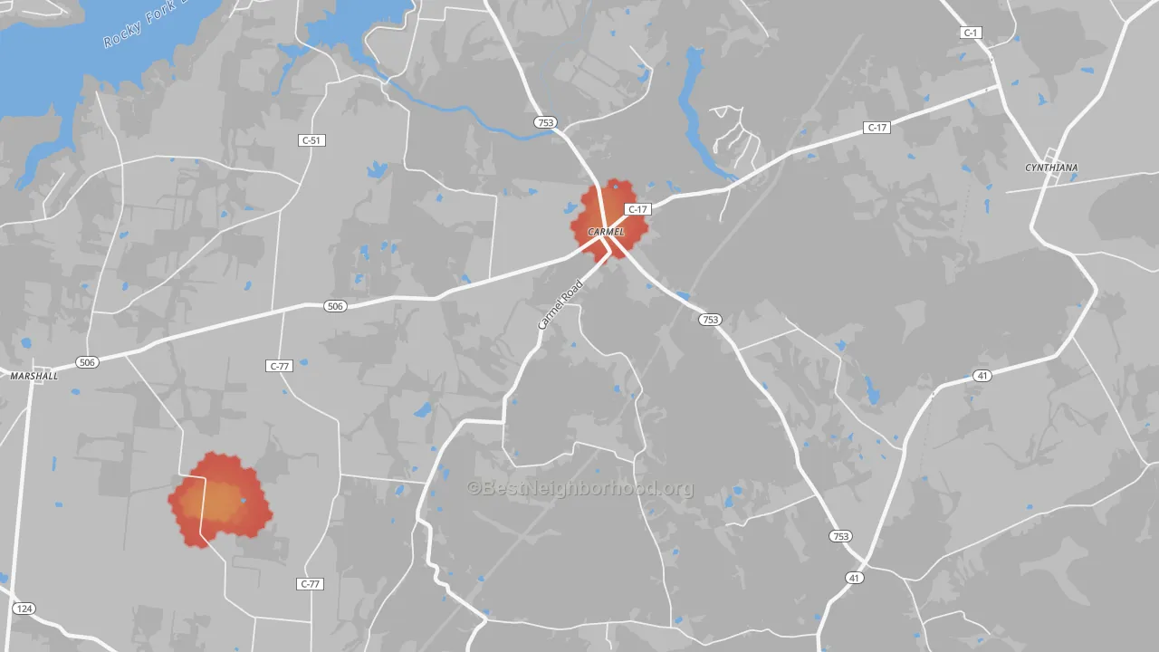 Walk Grade map of Carmel, OH, walkable areas in green and car-dependent areas in red