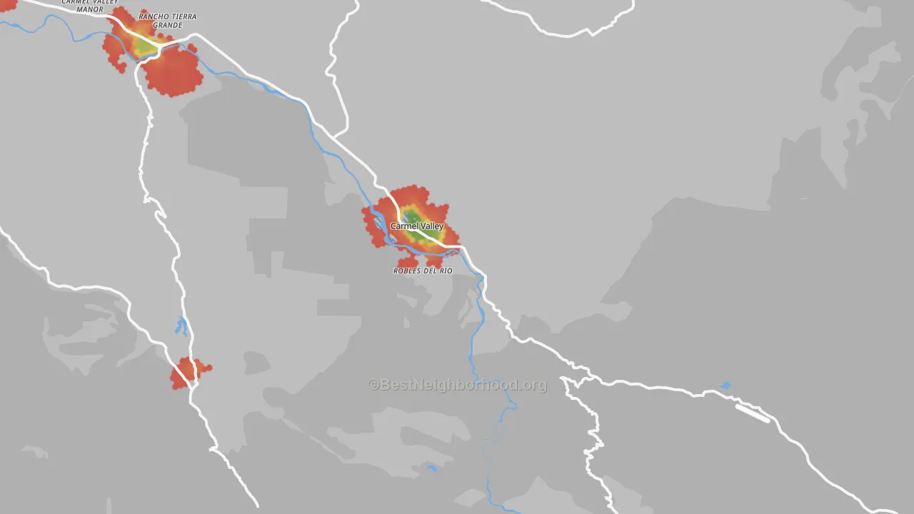 Walk Grade map of Carmel Valley, CA, walkable areas in green and car-dependent areas in red