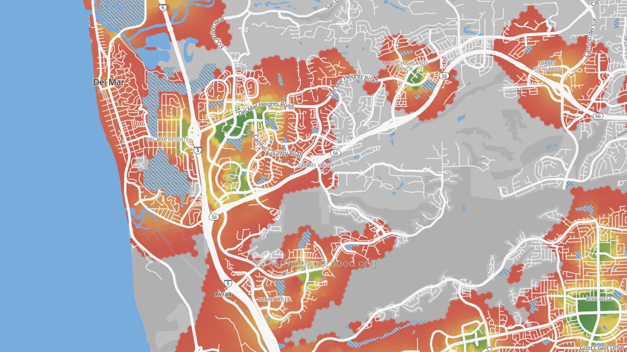Walk Grade map of Carmel Valley, San Diego, CA, walkable areas in green and car-dependent areas in red