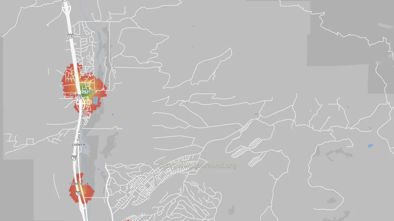 Walk Grade map of Carmen, AZ, walkable areas in green and car-dependent areas in red