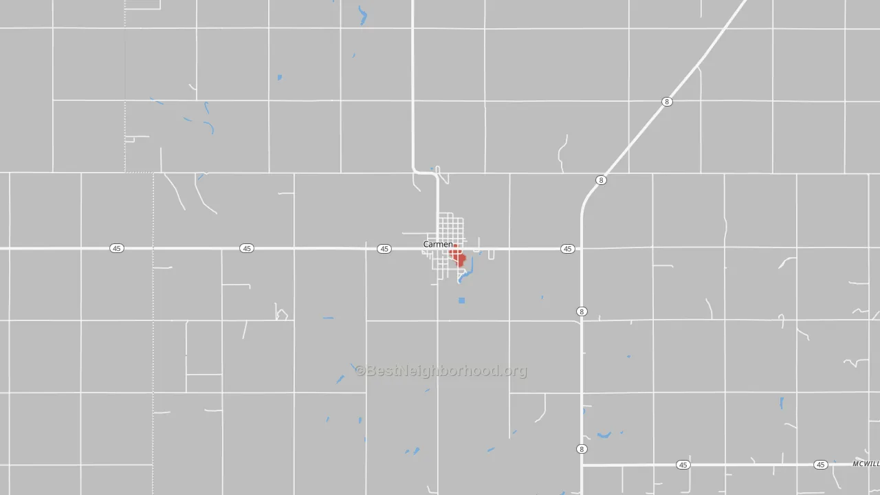 Walk Grade map of Carmen, OK, walkable areas in green and car-dependent areas in red