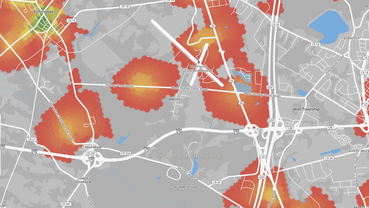 Walk Grade map of Carmerville, NJ, walkable areas in green and car-dependent areas in red
