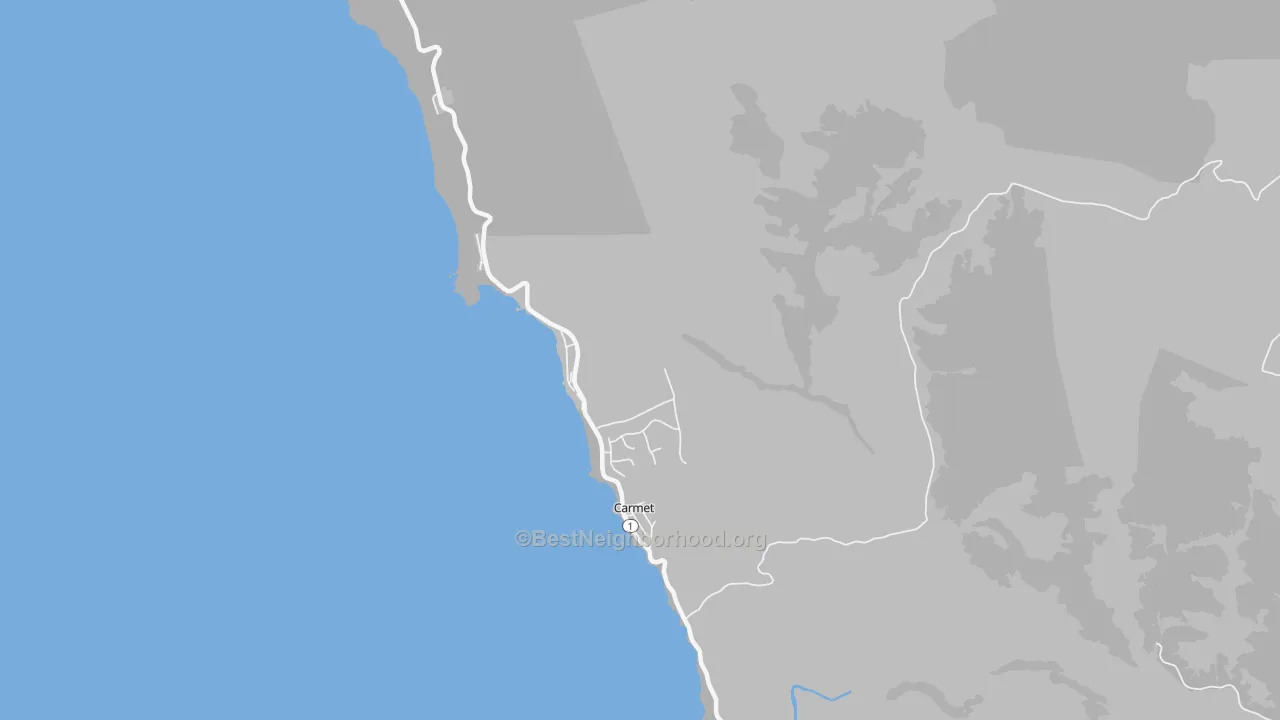 Walk Grade map of Carmet, CA, walkable areas in green and car-dependent areas in red