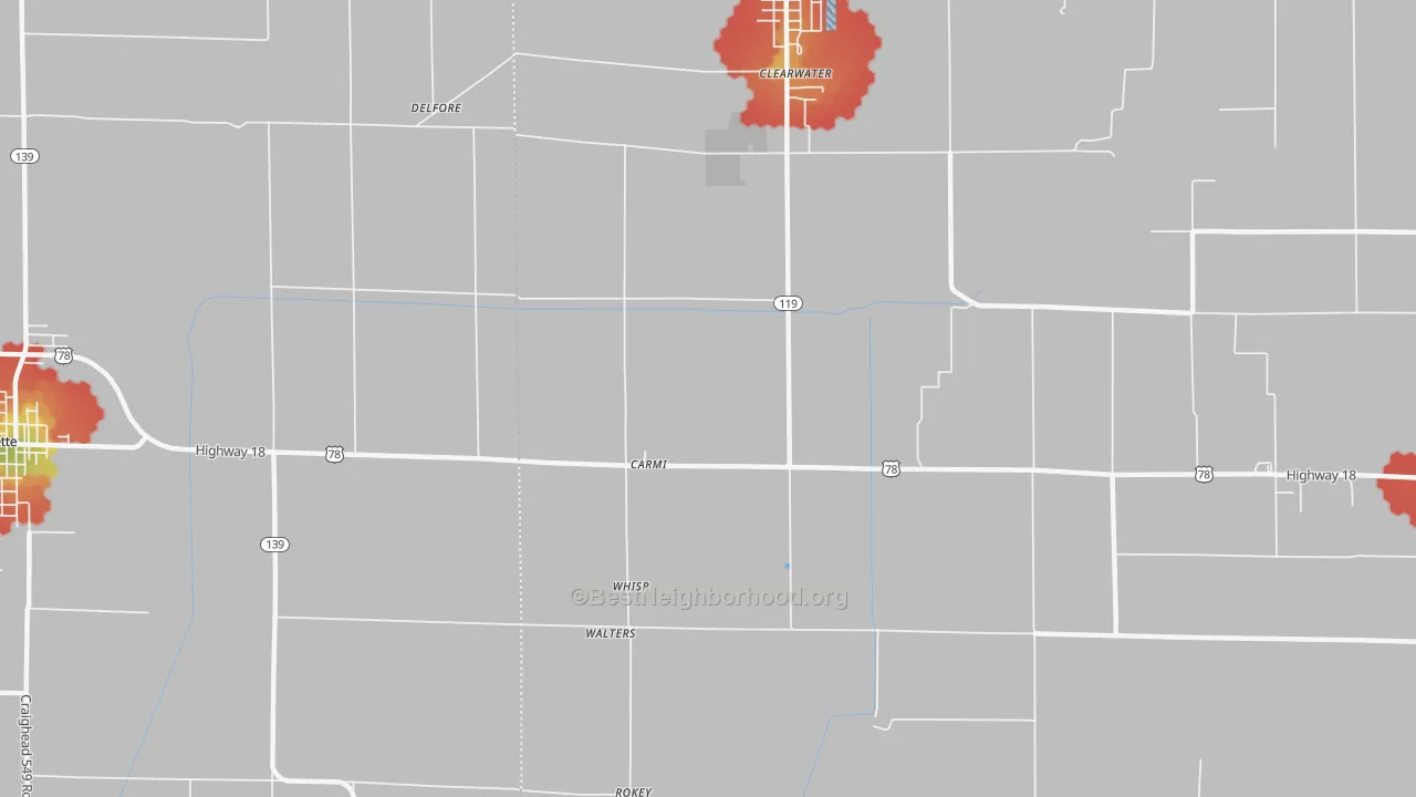 Walk Grade map of Carmi, AR, walkable areas in green and car-dependent areas in red