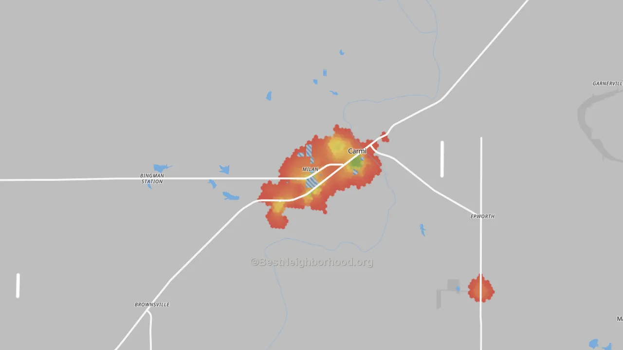 Walk Grade map of Carmi, IL, walkable areas in green and car-dependent areas in red