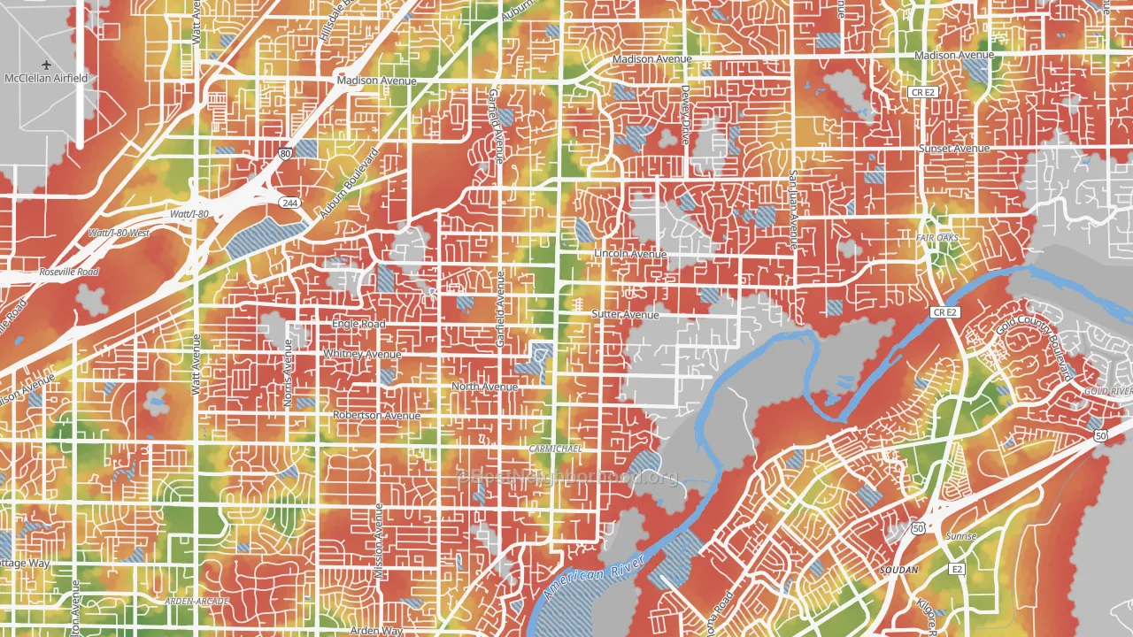 Walk Grade map of Carmichael, CA, walkable areas in green and car-dependent areas in red
