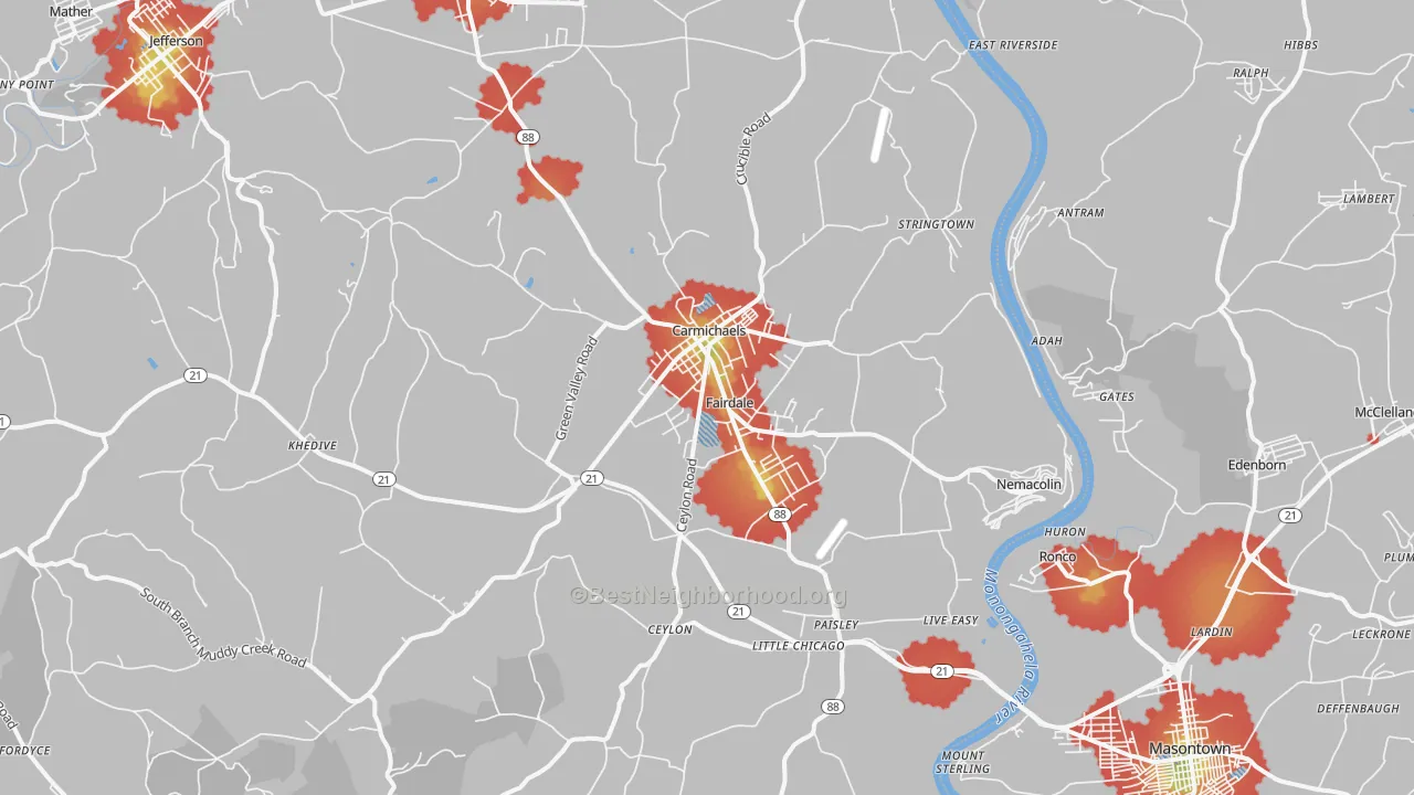 Walk Grade map of Carmichaels, PA, walkable areas in green and car-dependent areas in red