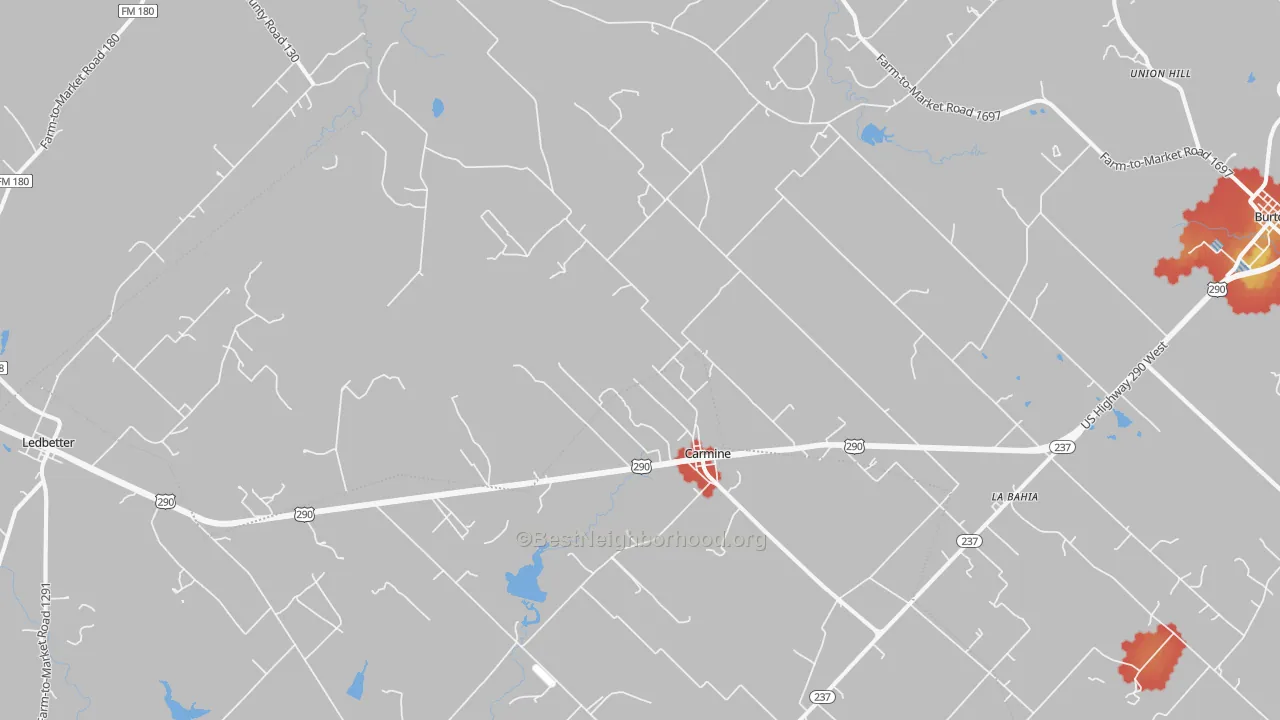 Walk Grade map of Carmine, TX, walkable areas in green and car-dependent areas in red