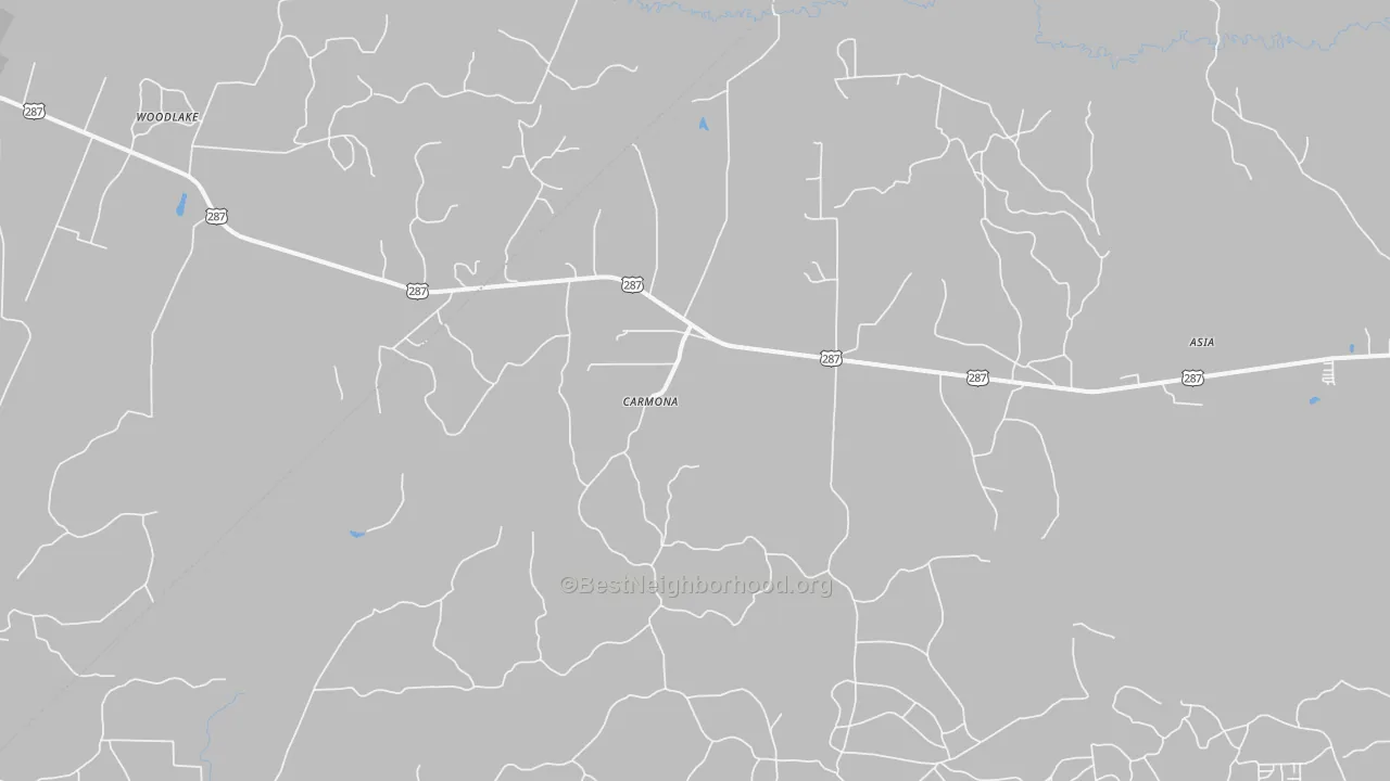 Walk Grade map of Carmona, TX, walkable areas in green and car-dependent areas in red