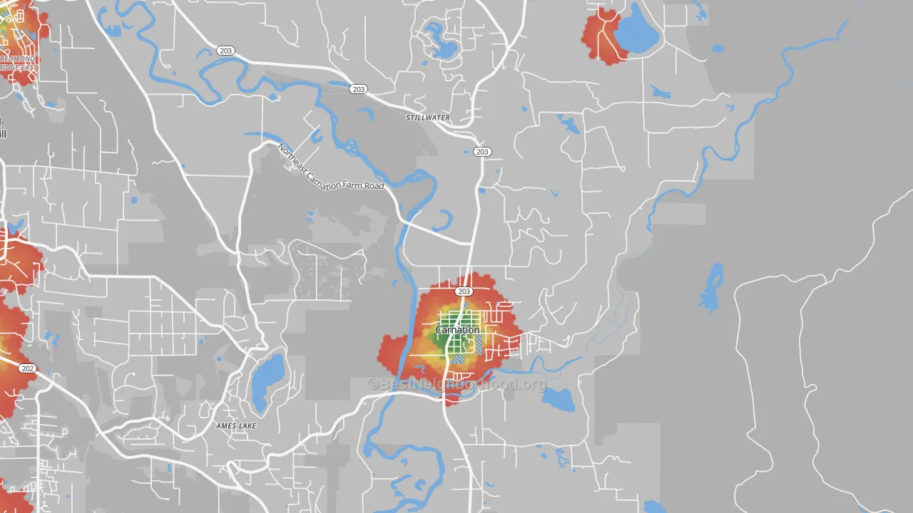 Walk Grade map of Carnation, WA, walkable areas in green and car-dependent areas in red