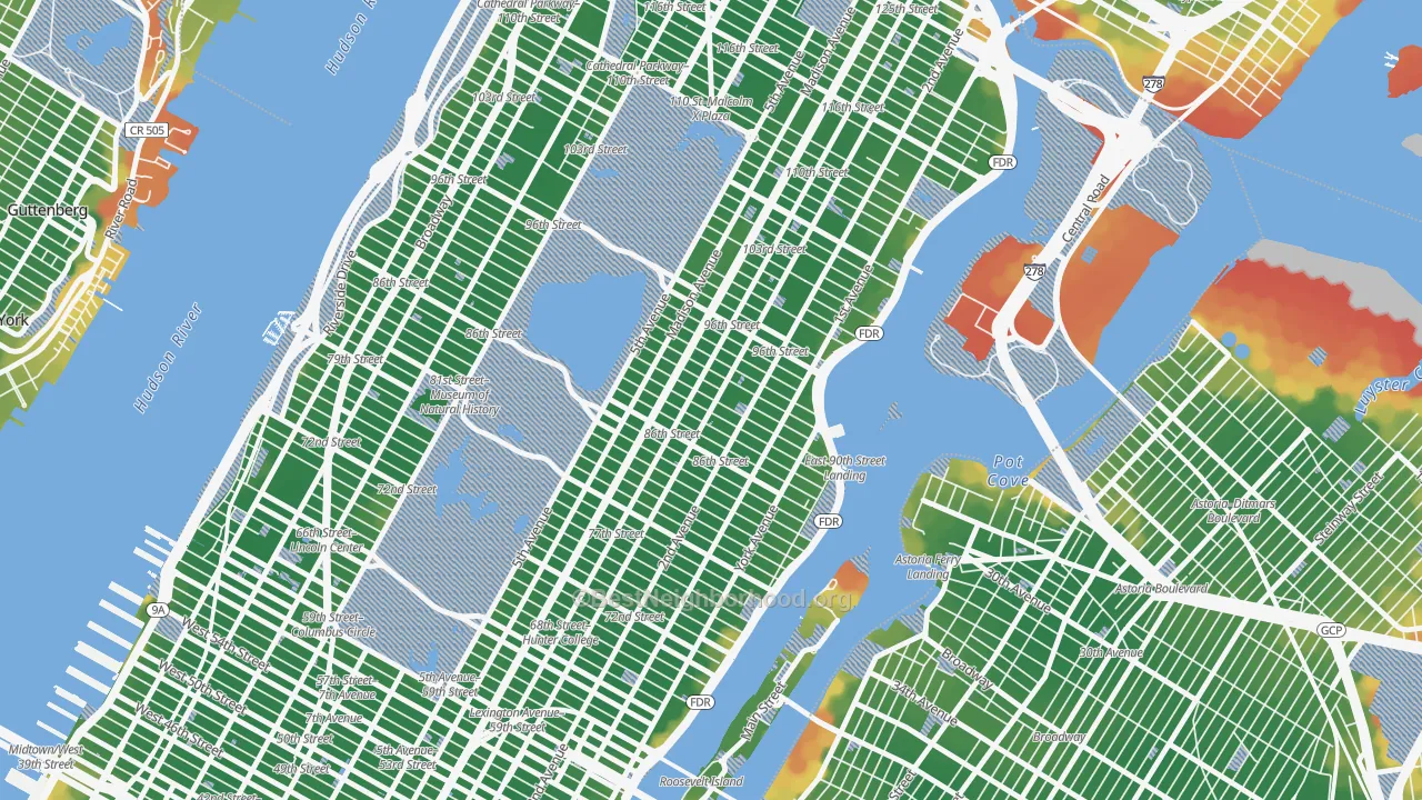 Walk Grade map of Carnegie Hill, Manhattan, NY, walkable areas in green and car-dependent areas in red