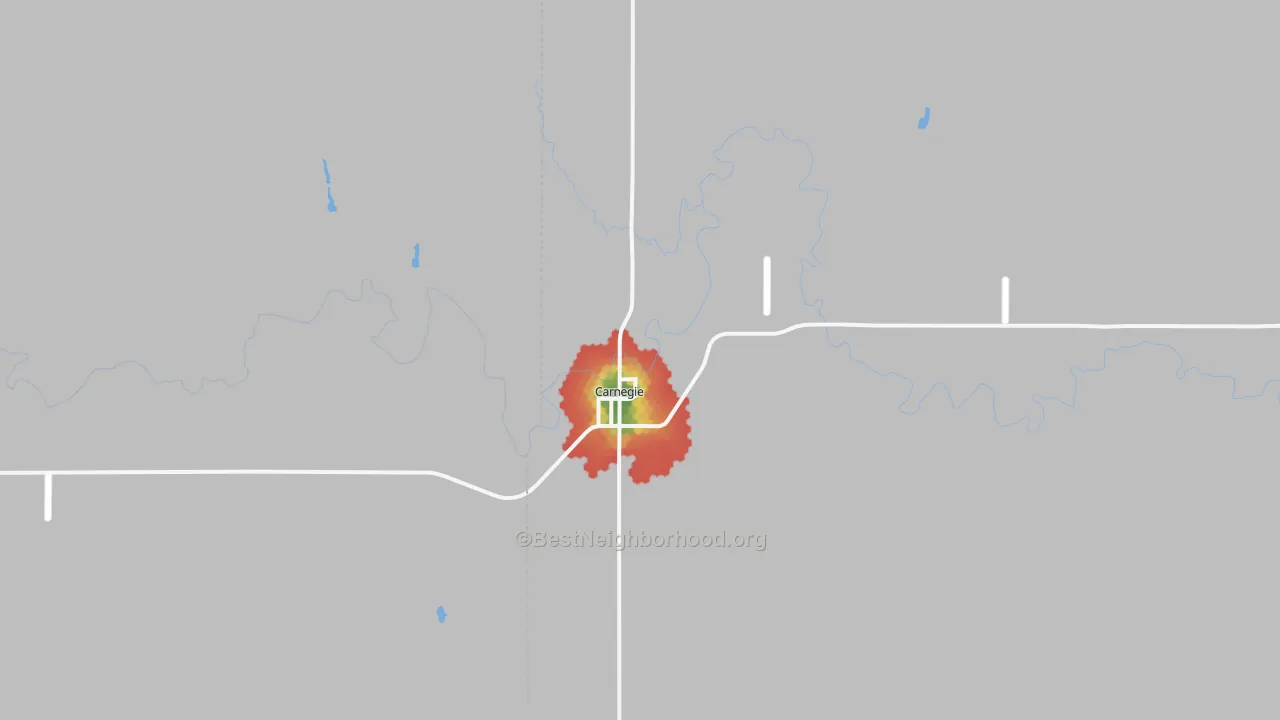 Walk Grade map of Carnegie, OK, walkable areas in green and car-dependent areas in red