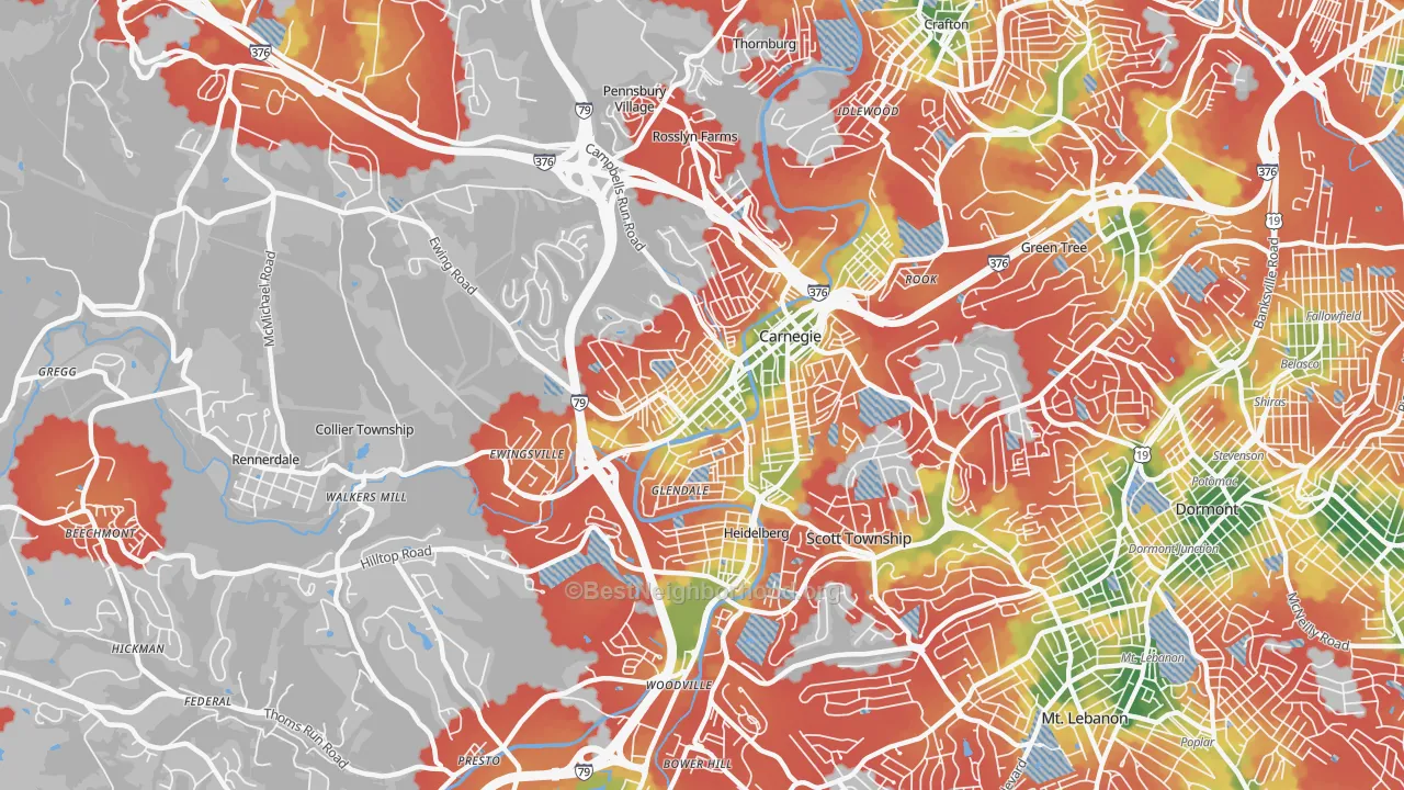 Walk Grade map of Carnegie, PA, walkable areas in green and car-dependent areas in red