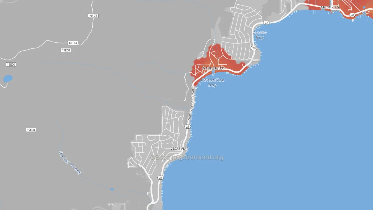 Walk Grade map of Carnelian Bay, CA, walkable areas in green and car-dependent areas in red