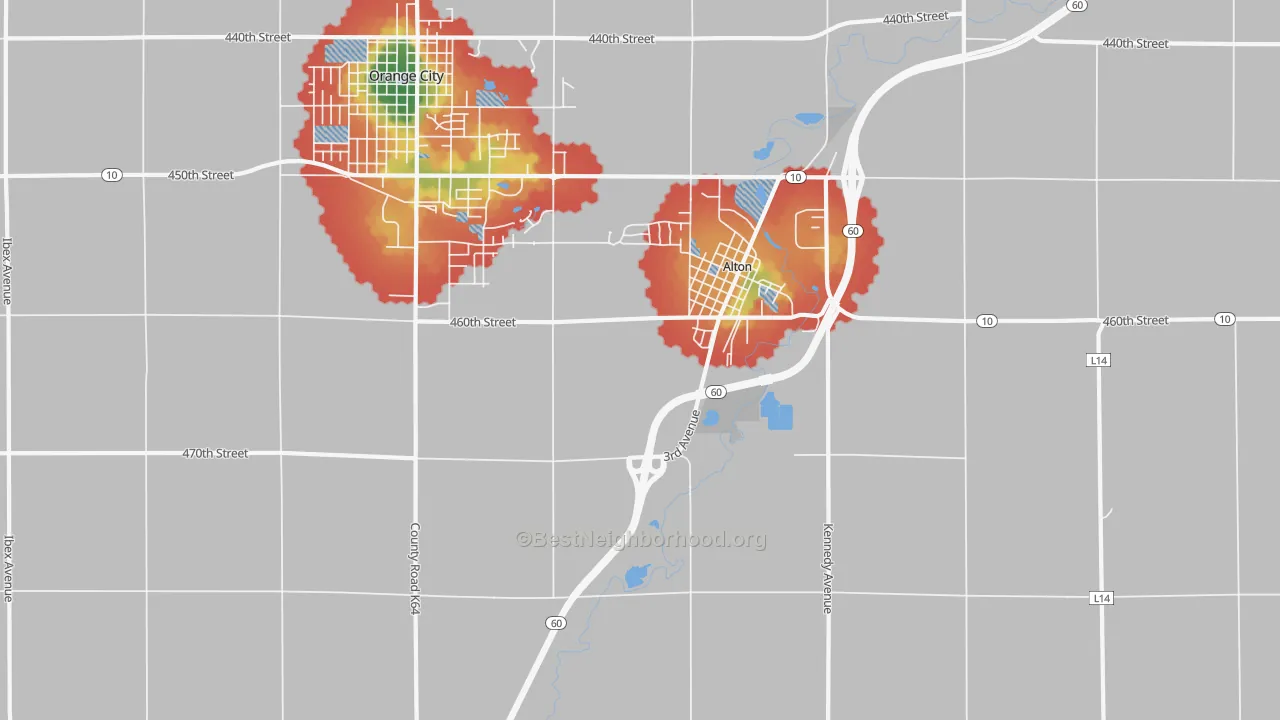 Walk Grade map of Carnes, IA, walkable areas in green and car-dependent areas in red