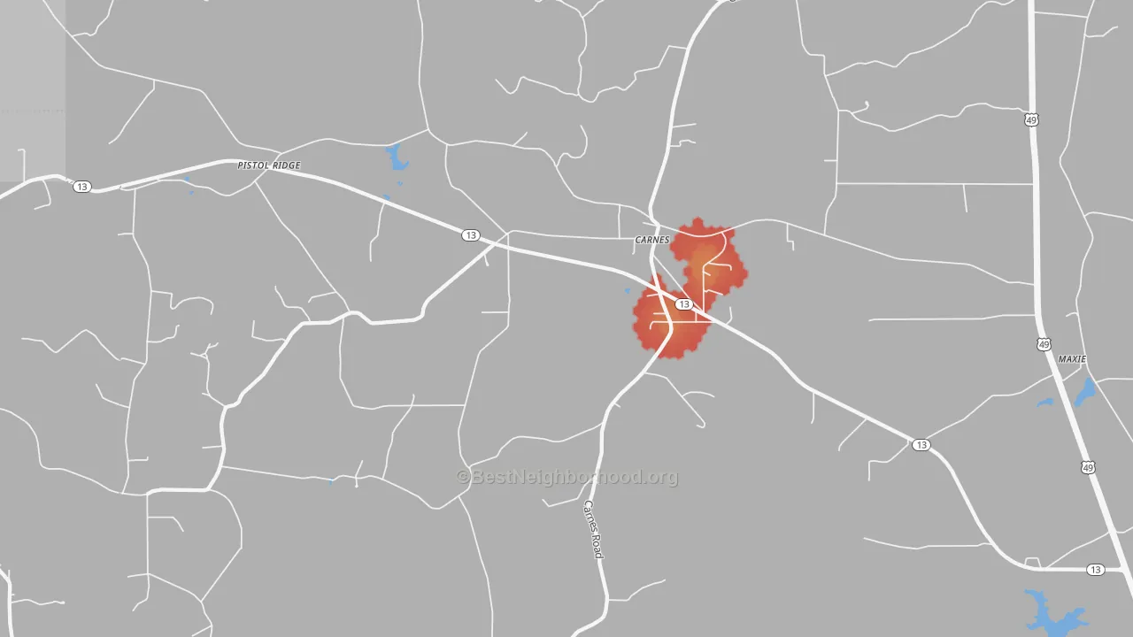Walk Grade map of Carnes, MS, walkable areas in green and car-dependent areas in red