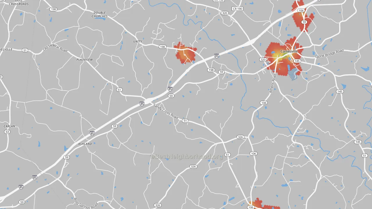 Walk Grade map of Carnesville, GA, walkable areas in green and car-dependent areas in red