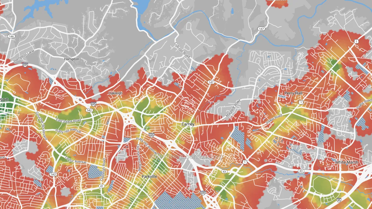 Walk Grade map of Carney, MD, walkable areas in green and car-dependent areas in red