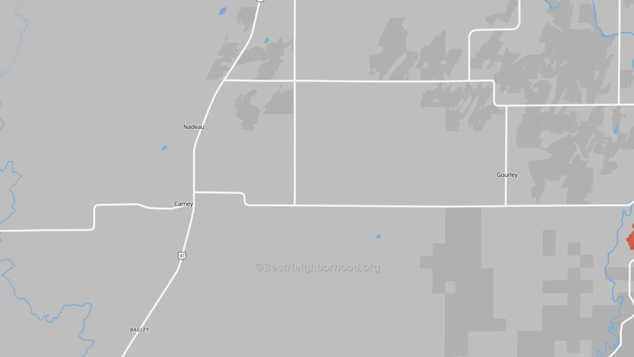 Walk Grade map of Carney, MI, walkable areas in green and car-dependent areas in red