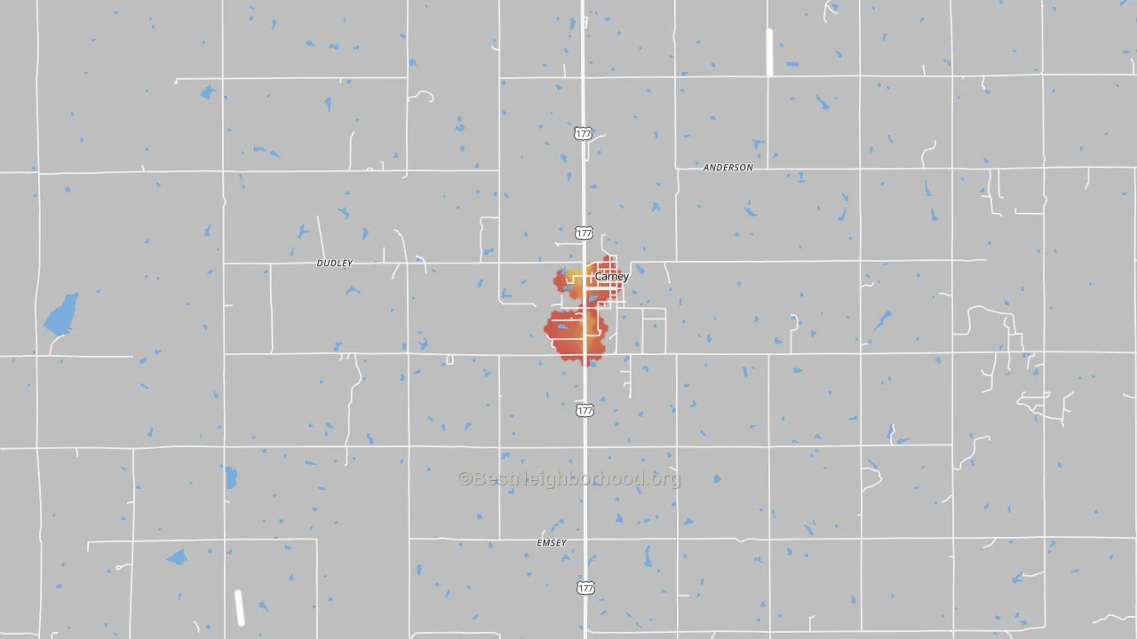 Walk Grade map of Carney, OK, walkable areas in green and car-dependent areas in red
