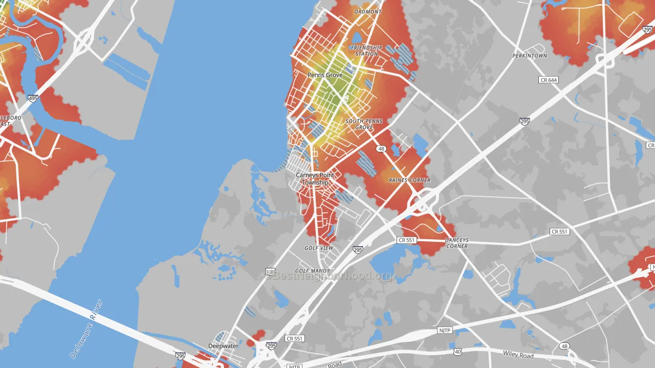 Walk Grade map of Carneys Point, NJ, walkable areas in green and car-dependent areas in red