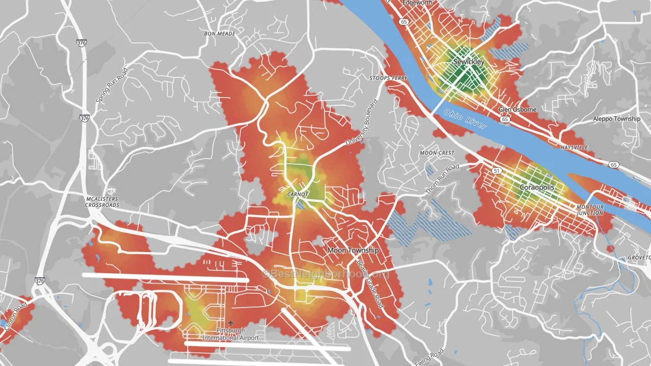 Walk Grade map of Carnot-Moon, PA, walkable areas in green and car-dependent areas in red