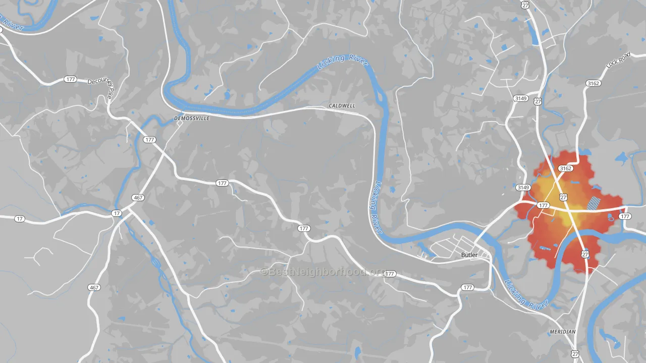 Walk Grade map of Carntown, KY, walkable areas in green and car-dependent areas in red