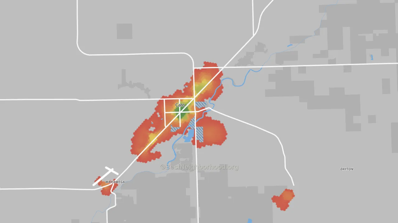 Walk Grade map of Caro, MI, walkable areas in green and car-dependent areas in red