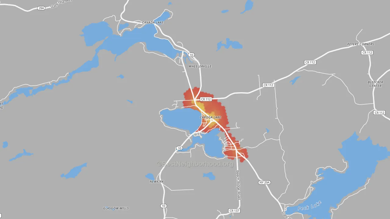 Walk Grade map of Caroga Lake, NY, walkable areas in green and car-dependent areas in red