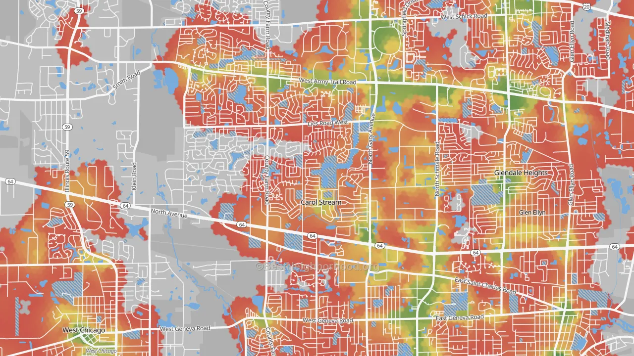 Walk Grade map of Carol Stream, IL, walkable areas in green and car-dependent areas in red