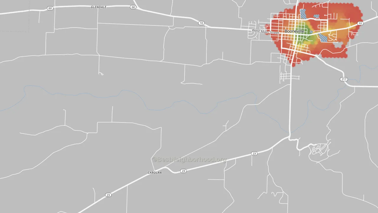 Walk Grade map of Carolan, AR, walkable areas in green and car-dependent areas in red