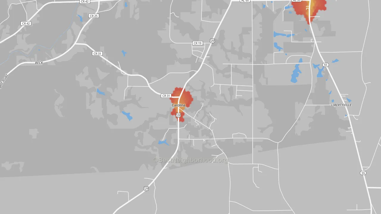 Walk Grade map of Carolina, AL, walkable areas in green and car-dependent areas in red