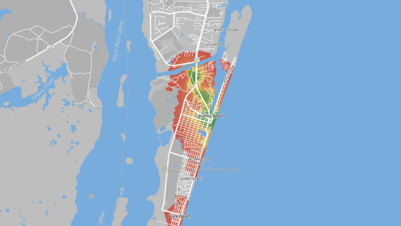 Walk Grade map of Carolina Beach, NC, walkable areas in green and car-dependent areas in red