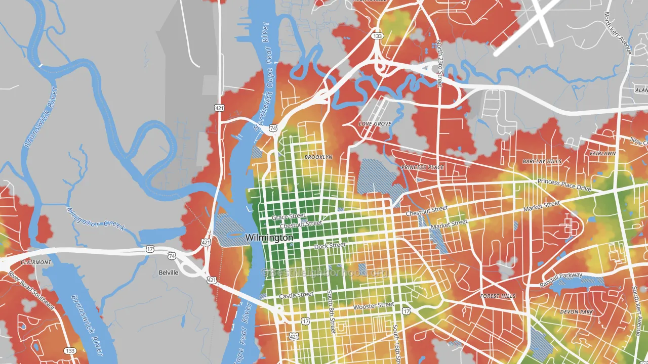 Walk Grade map of Carolina Heights, Wilmington, NC, walkable areas in green and car-dependent areas in red