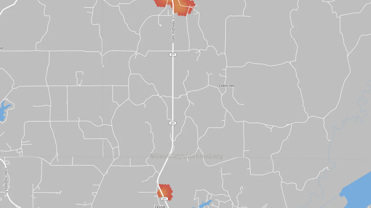 Walk Grade map of Carolina, MS, walkable areas in green and car-dependent areas in red