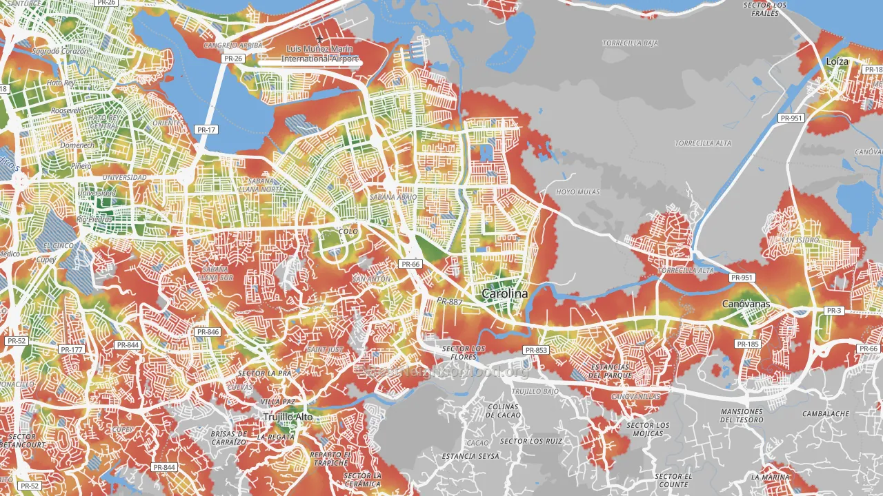 Walk Grade map of Carolina Municipio, PR, walkable areas in green and car-dependent areas in red