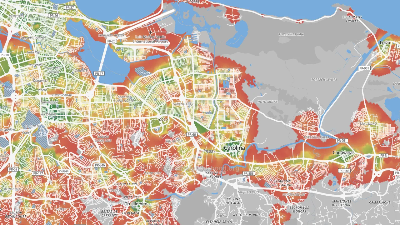 Walk Grade map of Carolina, PR, walkable areas in green and car-dependent areas in red