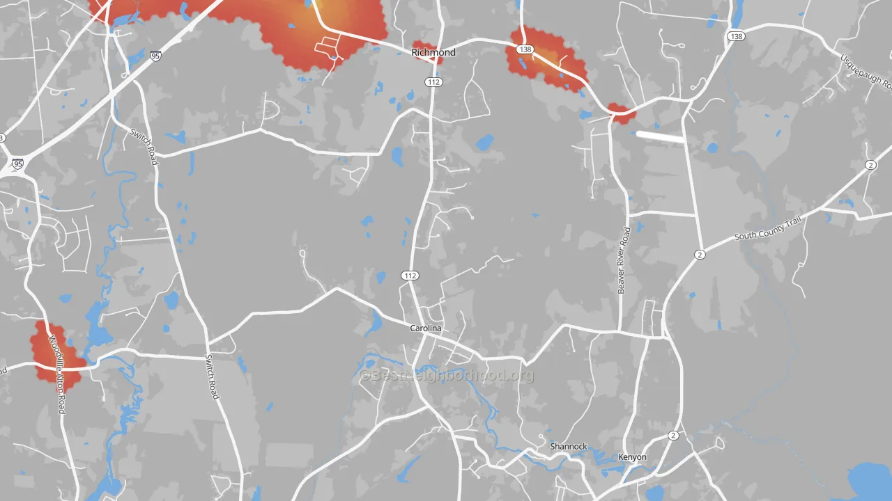 Walk Grade map of Carolina, RI, walkable areas in green and car-dependent areas in red