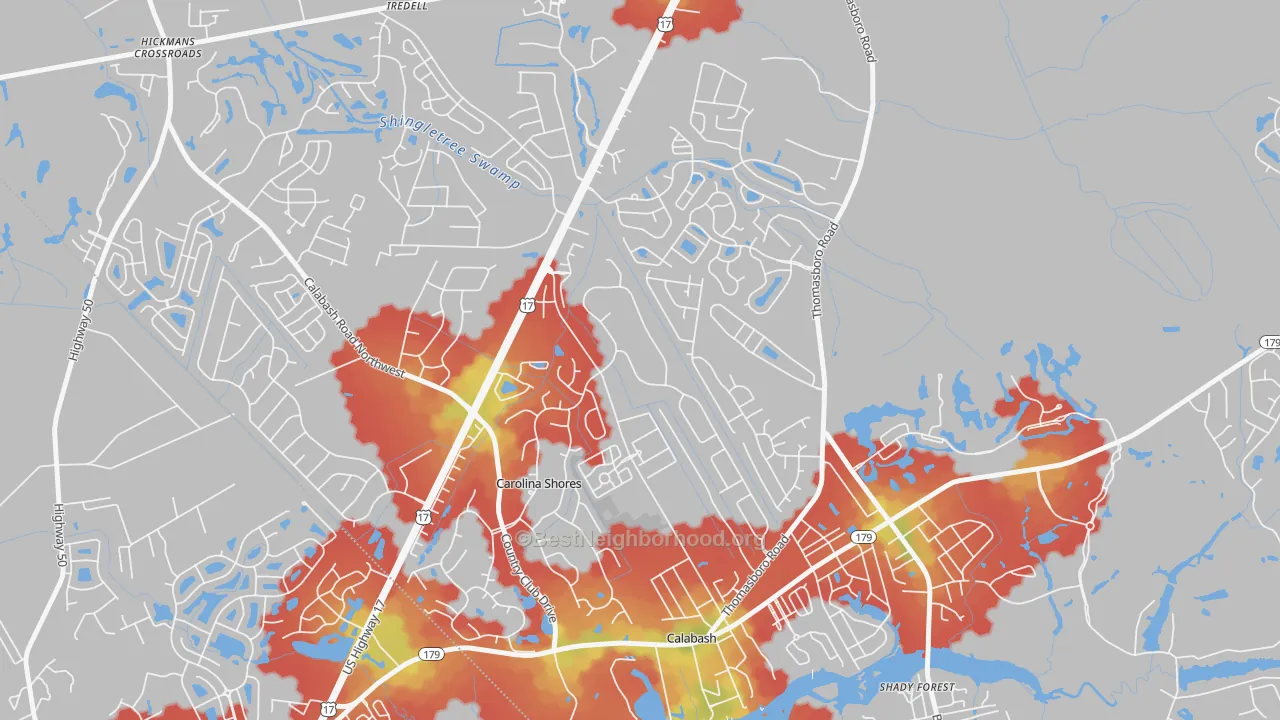 Walk Grade map of Carolina Shores, NC, walkable areas in green and car-dependent areas in red